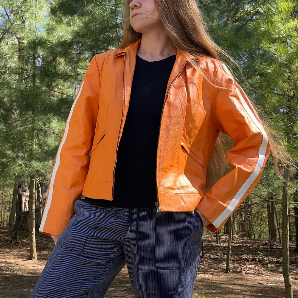 Y2K Metro Style Neon Orange Racing 100% Genuine Leather Jacket Women’s Size L - Picture 6 of 16